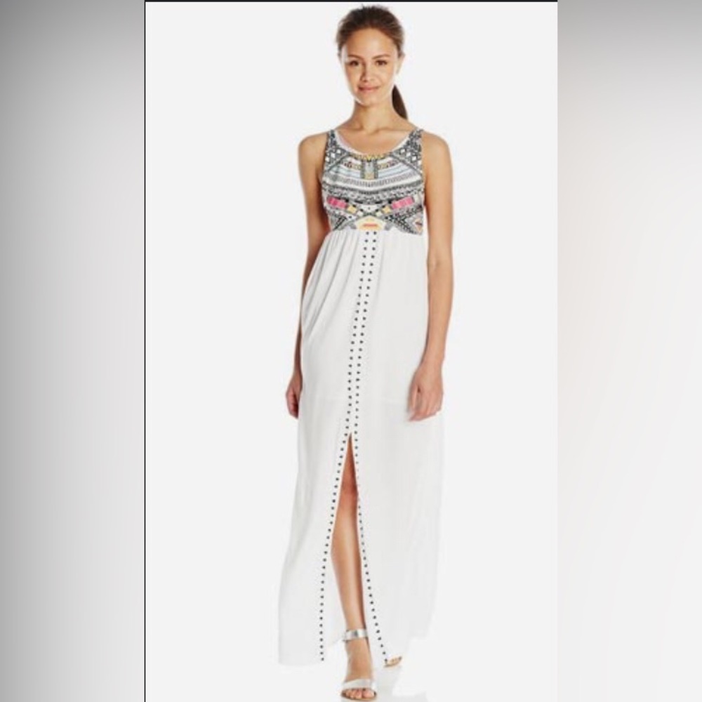 Rip Curl Tribal Myth White Print Maxi Dress  front slit halter backless X Large
